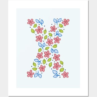 Floral Monogram Letter X - pink and blue Posters and Art